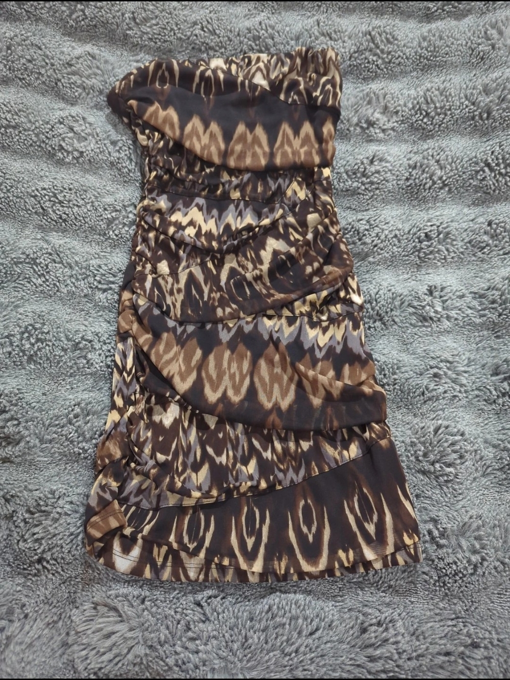 Snap Strapless Tiered Mini Dress in Brown and Cream Ikat